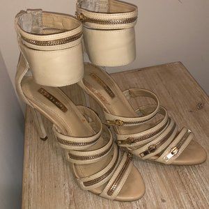 BCBG Beige Gold Zipper Open Toe heels
